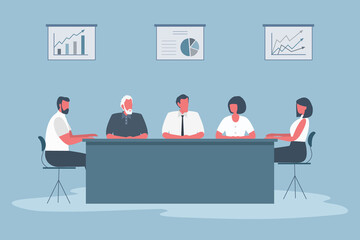 Wall Mural - Office workers during the meeting. Employees are sitting at the table in the office. There are also diagrams on the wall. Conference hall. Funky flat style. Vector illustration