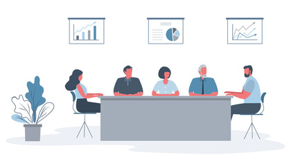 Wall Mural - Office workers during the meeting. Employees are sitting at the table in the office. There is also a flower, and diagrams on the wall in the image. Conference hall. Funky flat style. Vector