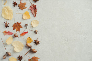 Wall Mural - Autumn background, border made of dried yellow leaves, acorns and pine cones with copy space. Seasonal composition, fall, thanksgiving day concept. Flat lay, top view