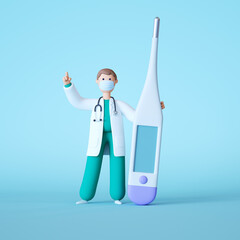 Wall Mural - 3d render. Cartoon doctor character standing near big blank thermometer mockup. Clip art isolated on light blue background. Temperature control. Healthcare medical concept.