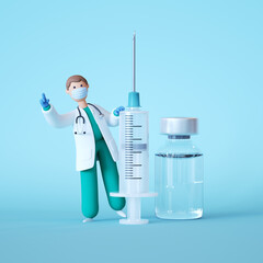 3d render. Cartoon doctor character holding big syringe, standing near glass bottle with clear liquid. Clip art isolated on blue background. Vaccination medical concept. Vaccine against virus