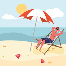 Man Wearing Swimsuit Seated In Beach Chair