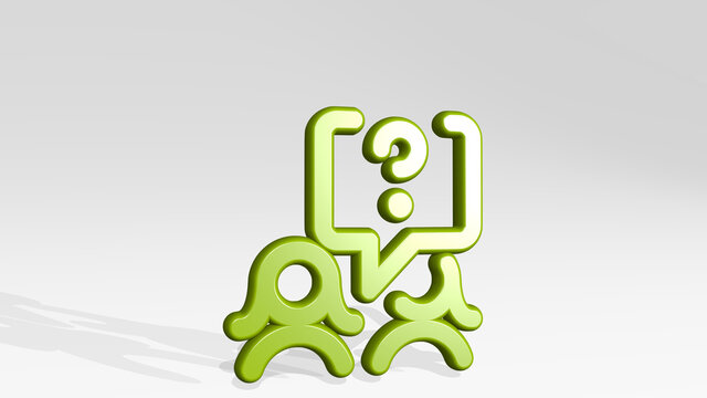 team meeting message women question from a perspective with the shadow. A thick sculpture made of metallic materials of 3D rendering. business and illustration