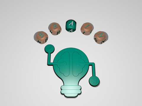 3D illustration of BRAIN graphics and text around the icon made by metallic dice letters for the related meanings of the concept and presentations. background and human
