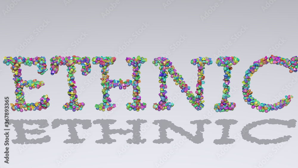 ethnic: 3D illustration of the text made of small objects over a white ...