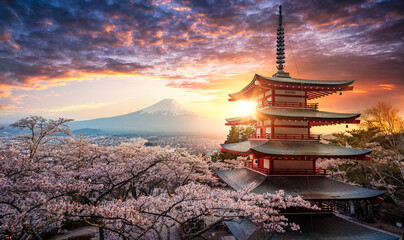 fujiyoshida, japan beautiful view of mountain fuji and chureito pagoda at sunset, japan in the sprin