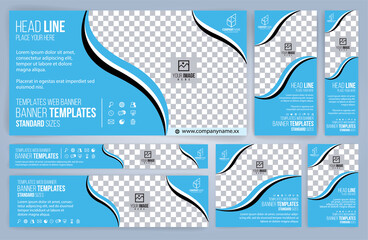 Blue Web banners templates, standard sizes with space for photo, modern design