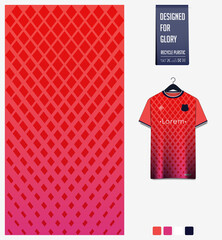 Red gradient geometry shape abstract background. Fabric textile pattern design for soccer jersey, football kit, sport uniform. T-shirt mockup template design. Vector Illustration.