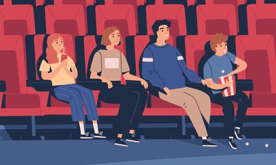 Wall Mural - Happy family sitting at movie theater vector flat illustration. Parents and children drinking beverage and eating popcorn in empty cinema hall. Smiling people watch interest film in chairs