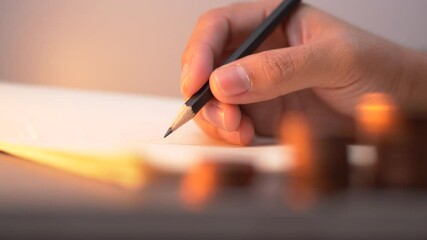 Poster - A male hand writing on a piece of paper in the morning. Writing essay or letters. Doing homework.