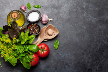 Wall Mural - Italian cuisine ingredients. Tomatoes, herbs and spices