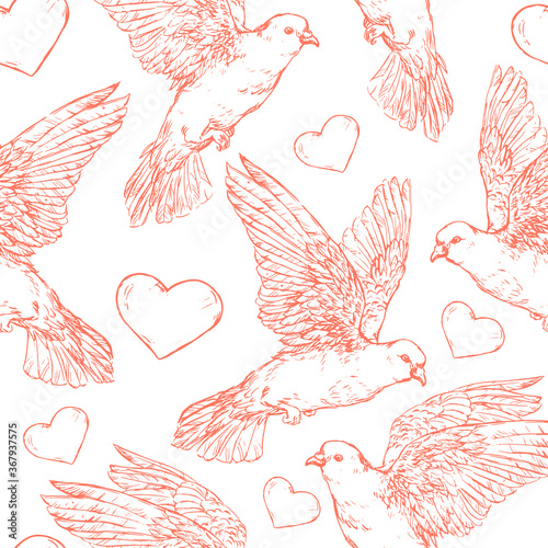 Cuadros en Lienzo Doves and heart seamless pattern - vector illustration