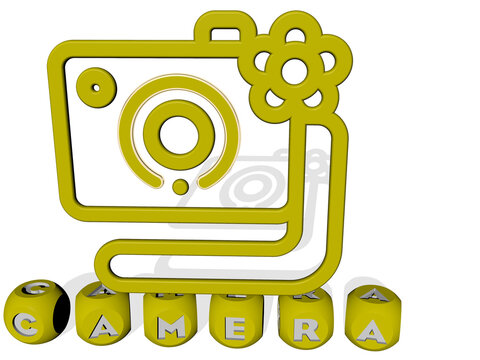 3D illustration of camera graphics and text made by metallic dice letters for the related meanings of the concept and presentations. background and beautiful