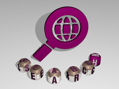 3D illustration of search graphics and text around the icon made by metallic dice letters for the related meanings of the concept and presentations. business and background
