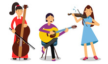 Woman Musicians Playing Musical Instruments And Singing On Stage Vector Illustration Set