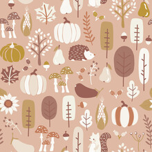 Autumn Seamless Vector Pattern In Subtle Fall Colors. Repeating Brown Gold White Background Hedgehog, Squirrel Corn Tree Pumpkin Pear Sunflower Acorn. Harvest Festival. For Fabric, Thanksgiving Decor