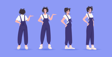 Wall Mural - set woman in casual trendy clothes female cartoon character standing pose different angles view full length horizontal vector illustration