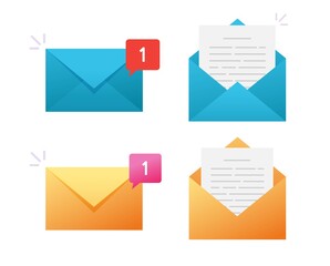 Fototapete - New email icon vector or electronic mail notification notice message and read inbox incoming document letter in open envelope flat cartoon symbol, concept of digital or internet newsletter modern
