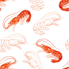 Wall Mural - Red cartoon shrimps seamless pattern. Seafood background. Vector illustration.