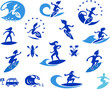 Set of Surfers Drawing Silhouettes, Surfing Sport Symbols, Waves, Water