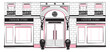 Vector shopfront detailed pink, black and white graphic illustration. Design vintage boutique facade. Modern fashion shop exterior with arch entrance, balcony, brick wall
