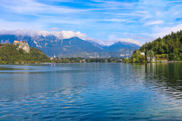 Nice view of the mountain lake Bled in Slovenia.