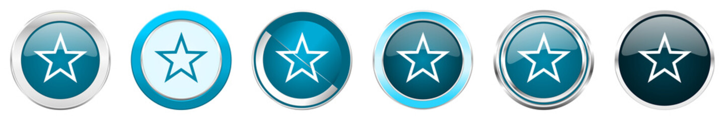 Poster - Star silver metallic chrome border icons in 6 options, set of web blue round buttons isolated on white background