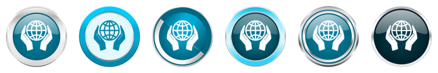 Leinwandbilder - Hand protect the earth silver metallic chrome border icons in 6 options, set of web blue round buttons isolated on white background