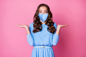 Poster - Portrait of her she nice-looking attractive amazed wavy-haired lady wearing safety blue reusable textile mask sick ill diagnosis mers cov disease isolated over pink pastel color background