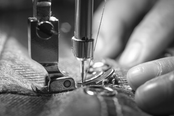 Macro shoot hand of the seamstress is using needle presser foot of industrial sewing machine for sew cloth or fabric with black and white tone (monochrome) close-up.