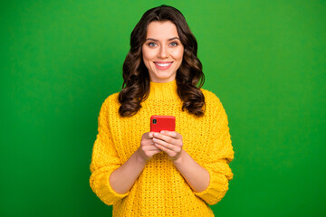 Wall Mural - portrait of charming lovely sweet cute girl use cellphone enjoy chatting with social media friends w