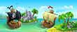 Vector panorama of wooden sailing ships among tropical islands. Pirates hunt for treasure.