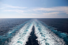 Trail Of Beautiful And Clear Water From Cruise Ship In Caribbean Sea In Summer Time