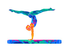 Abstract Female Athlete Doing A Complicated Exciting Trick On Gymnastics Balance Beam From Splash Of Watercolors. Vector Illustration Of Paints
