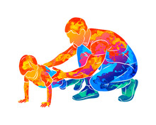 Abstract Trainer Helps A Young Boy Do Push-UPS From The Floor From Splash Of Watercolors. Vector Illustration Of Paints. Physical Education Classes. Children Fitness