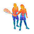 Abstract trainer helps a young woman do an exercise with a racket on her right hand in squash from splash of watercolors. Squash game training. Vector illustration of paints
