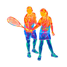 Abstract Trainer Helps A Young Woman Do An Exercise With A Racket On Her Right Hand In Squash From Splash Of Watercolors. Squash Game Training. Vector Illustration Of Paints