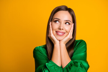 Wall Mural - Close-up portrait of her she nice-looking attractive lovely creative cheerful dreamy straight-haired girl touching cheeks fantasizing isolated over bright vivid shine vibrant yellow color background