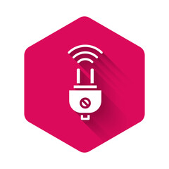 Poster - White Smart electric plug system icon isolated with long shadow. Internet of things concept with wireless connection. Pink hexagon button. Vector.