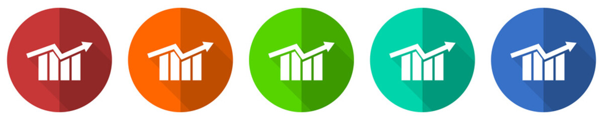 Leinwandbilder - Graph icon set, arrow, growth, business, red, blue, green and orange flat design web buttons isolated on white background, vector illustration