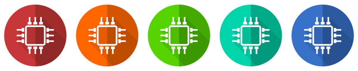 Leinwandbilder - Circuit icon set, chip, computer, red, blue, green and orange flat design web buttons isolated on white background, vector illustration