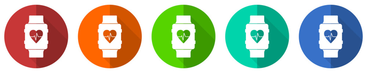 Poster - Smartwatch icon set, smart watch, fitness, red, blue, green and orange flat design web buttons isolated on white background, vector illustration