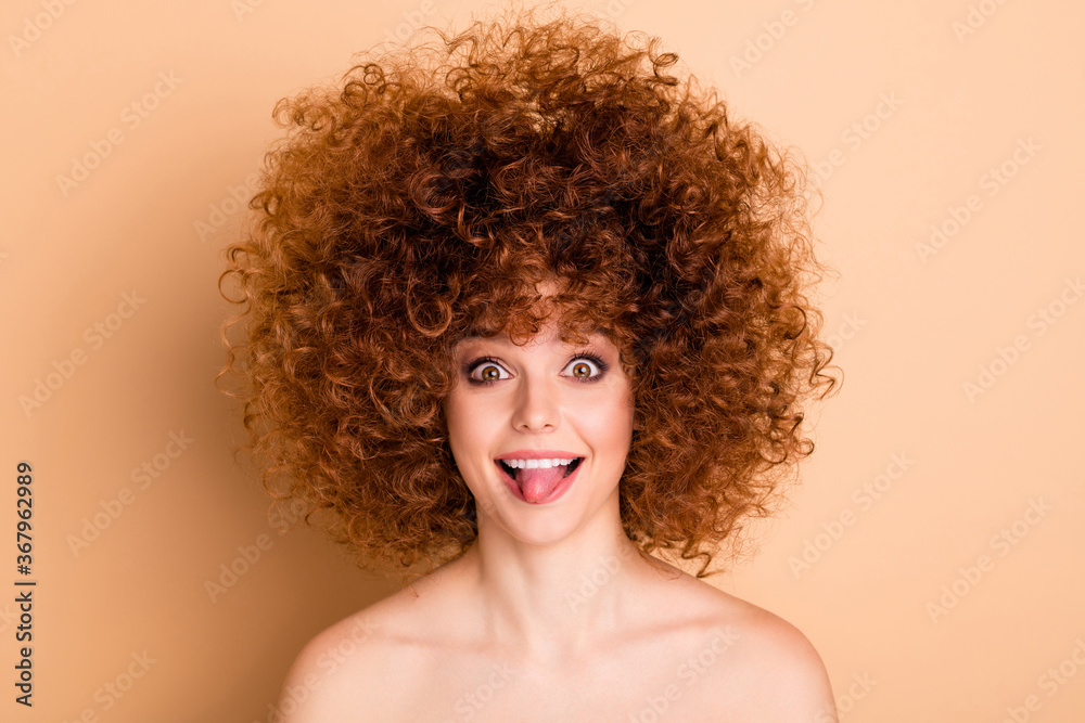 Close up photo beautiful foxy she her wear no clothes nude lady curls fashion procedure stylist