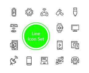 Poster - Electronics icons. Set of line icons. Mobile phone, data storage, satellite. Modern technology concept. illustration can be used for topics like mobile service, apps, digital devices.