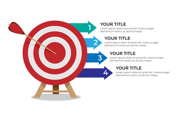 Wall Mural - Dartboard arrows hitting target, objective achieved, target concept with four steps infographics