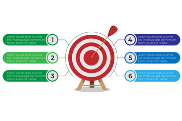 Wall Mural - Dartboard arrows hitting target, objective achieved, target concept with six steps infographics