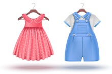 3d Realistic Vector Set Of Baby Girl And Baby Boy Clothes On A Hanger. Pink Dress And Blue Romper. Isolated On White Background.