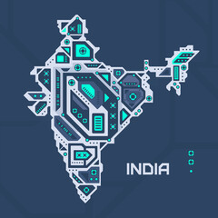 Abstract futuristic map of India. Mechanical circuit of the country. Technology space background.