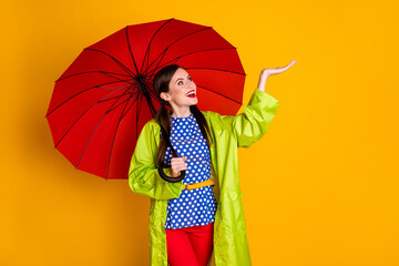 Sticker - Portrait of her she nice attractive lovely cheerful cheery glad fashionable girl wearing green raincoat holding raindrop on palm isolated bright vivid shine vibrant yellow color background