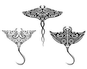 Set of Manta ray  in Maori style. Tattoo sketch tribal ethno style.  Collection of tattoo for divers.